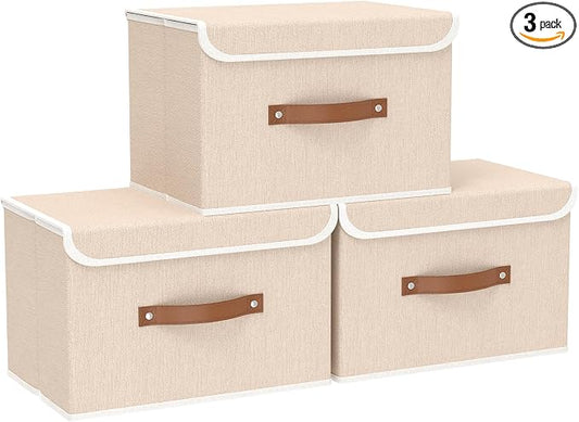 Yawinhe Storage Bins with Lids,Beige,17.7x11.8x11.8in,3-Pack | Fabric Container with Leather Handle,Washable Home Basket, Clothes Blanket Storage Boxes,Collapsible Closet Organizer