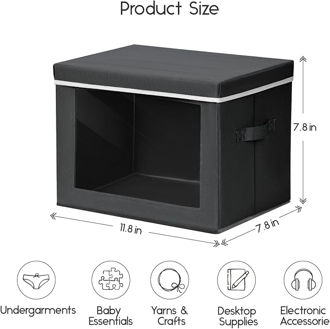 Homsorout Storage Bins with Lids - Small Fabric Organizers with Window, Collapsible Storage Bins for Clothes, Decorative Closet Organizers for Towels, Tshirt, 4 Pack, Black