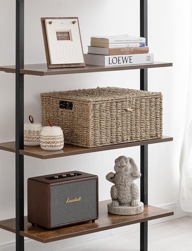 StorageWorks Seagrass Wicker Baskets for Organizing, Large Wicker Basket with Lid, Decorative Basket with Built-in Handles, Storage Baskets for Shelves, 1 Pack