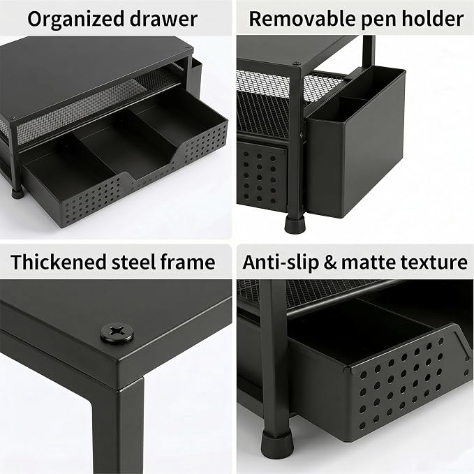 ECOLOVI Desk Organizer and Accessories, 2-Tier Computer Monitor Stand Rise with Storage Drawer & 2 Pen Holders, Laptop & Printer Stand for Desktop, Workspace Organizers for Office Supplies (Black Wood)