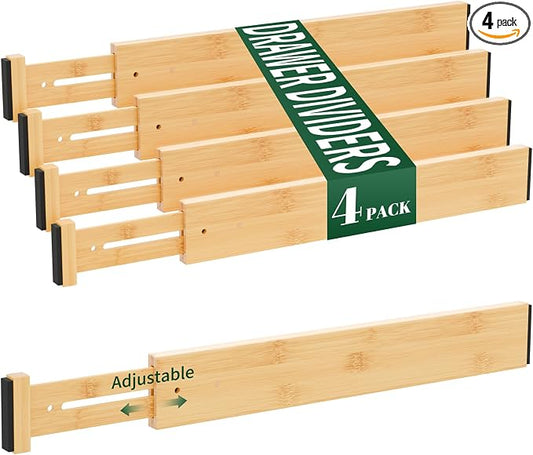 Dunruz Bamboo Drawer Dividers 2.6" High,17"-20" Adjustable Spring Loaded Clothes Drawer Organizers for Kitchen, Dresser, Bathroom, Bedroom and Office