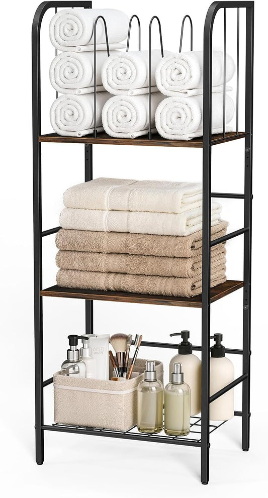 3-Tier Towel Rack, Freestanding Bathroom Storage | Sturdy Metal Frame, Wood Shelves, Wire Basket, Curved Towel Bar, Space-Saving Vertical Organizer for Bathroom, Laundry & Pool