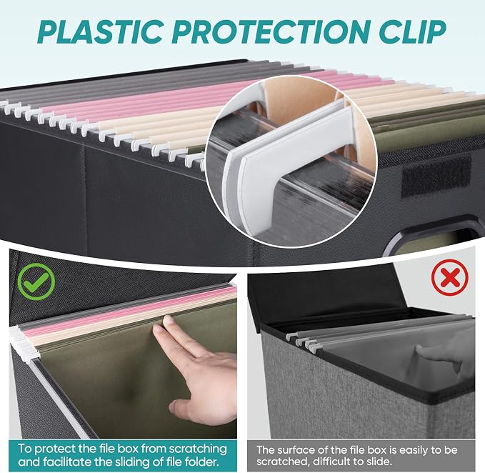 BALEINE File Organizer Box with Lid, Collapsible File Folder Organizer with Plastic Slide, Hanging File Folder Box for Office Document Storage (1 Pack, PU, Black)