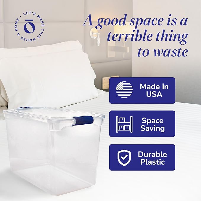 HOMZ 112 Quart Secure Seal Latch Clear Plastic Bin | Stackable & Nestable | Easy Grip Latching Handles | Home, Office, Dorm Room Organization | Blue Handles, 2 Pack