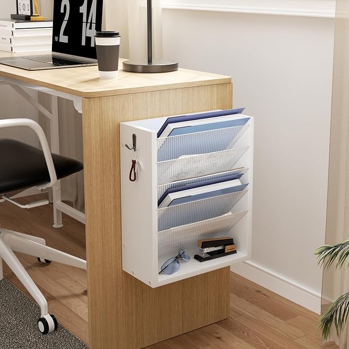 Mail Organizer Wall Mounted, 6-Slot Hanging File Organizer with Key Holder | Mail Sorter, Wood Letter Holder for Envelopes Bills Magazine Folders Papers Accessories for Home Office, White