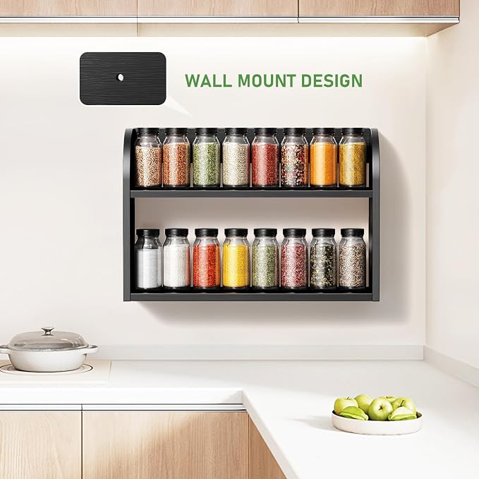 ROMGUAR CRAFT 2 Tier Bamboo Spice Rack, Countertop or Wall Mounting Wood Spice Jars Organizer Shelf for Kitche, Pantry (Black)