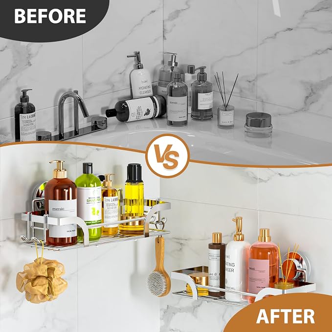 LEVERLOC Shower Caddy Suction Cup 2 Pack, Shower Shelf for Inside, Silver | Heavy Duty Bathroom Organizers, No Drill Shower Storage, Rustproof Metal Shower Basket, Shampoo Holder, Wall Shower Caddies