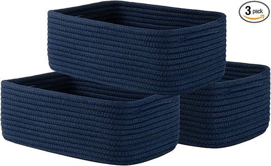 KALLAX Small Woven Storage Basket for Organizing, 12 x 8 x 4.5 inch, 3 Pack | Shelf baskets for closet organization, toy storage and home decor, Perfect as empty gift baskets for holidays, Navy Blue