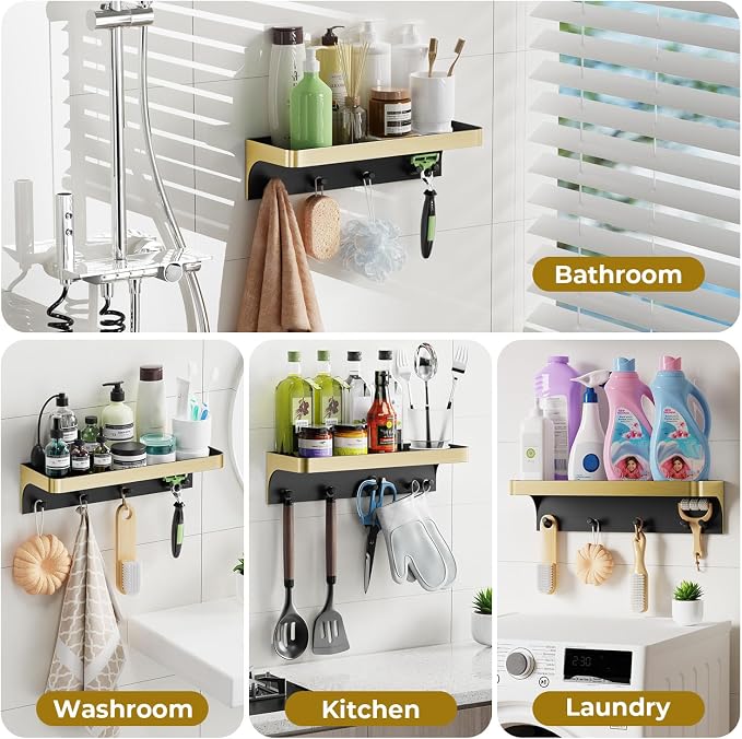 Shower Caddy Adhesive with 5 Hooks & Drainage, No-Drill, Gold | Plastic Wall Bathroom Shelf Rack Organizer, Inside Shower Storage Holder for Bath Accessories, Rustproof Bathroom Shelves