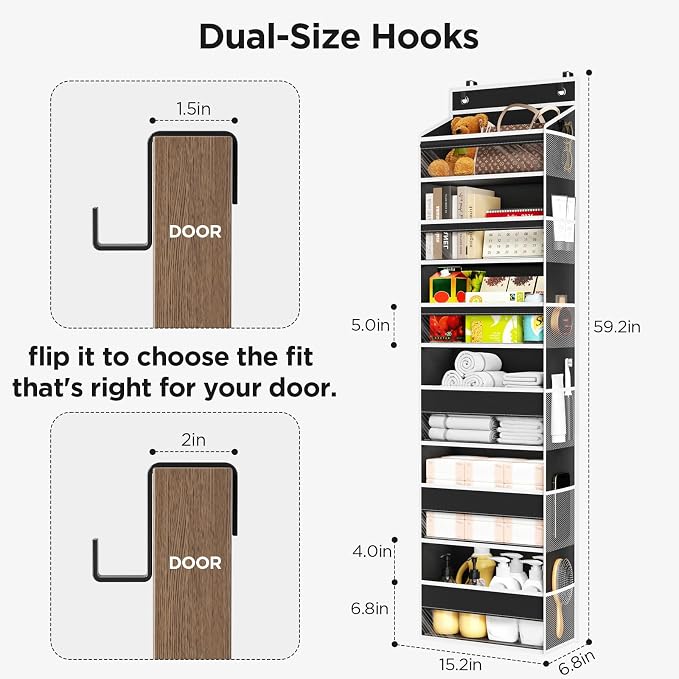 Over The Door Organizer 6 Tiers, Behind The Door Storage Hanging Shelves | Heavy Duty Hanging Organizer Storage with Large Capacity Pockets for Closet Wall Bathroom Bedroom Nursery Pantry, 1 Black