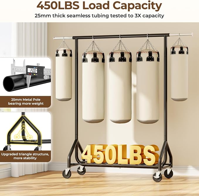 HYSEYY Heavy-Duty 450LBS Capacity Metal Clothes Rack，Rolling Clothing Rack with Wheels & Shelves, Portable Standing Wardrobe Rack for Hanging Clothes, Black (Black, L)