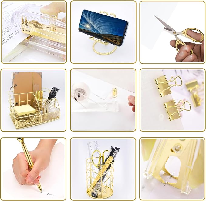 Gold Desk Organizers,Desk Accessories,Office Supplies Set,13PS Set with Acrylic Stapler,Tape Dispenser,Staple Remover,Pen Holder,Clips,Scissor, Phone Holder,Pen