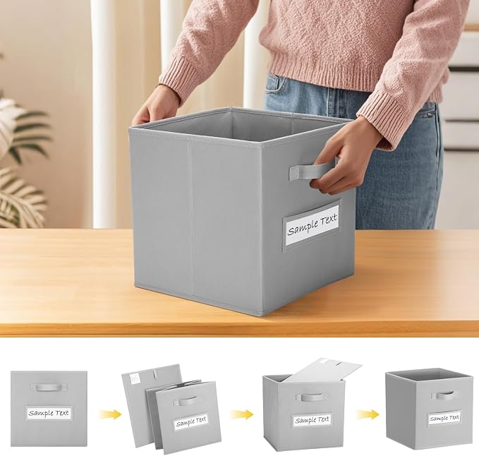 13x13 storage cube bins (Set of 10) Foldable Fabric storage cubes with 10 Labels Window Cards & a Pen,13 inch cube storage bins,Closet Organizers for Shelves,Cubby Organizer Boxes,Light Gray