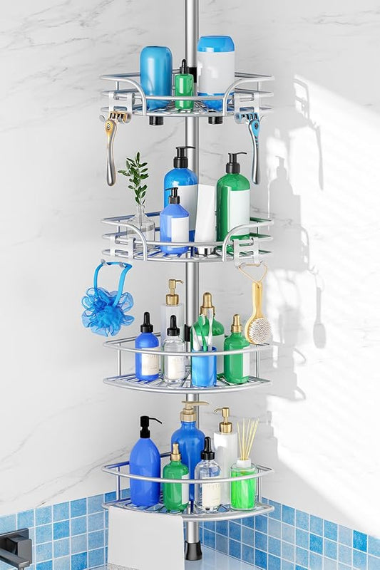 HAMITOR Shower Caddy Corner Tension Pole: 4-Tier Large Capacity Bathroom Organizer Shelves - Waterproof No-Drill Adjustable 47-123 inch Storage for Renters, Home Bathtub Stand Rack, Silver Gray