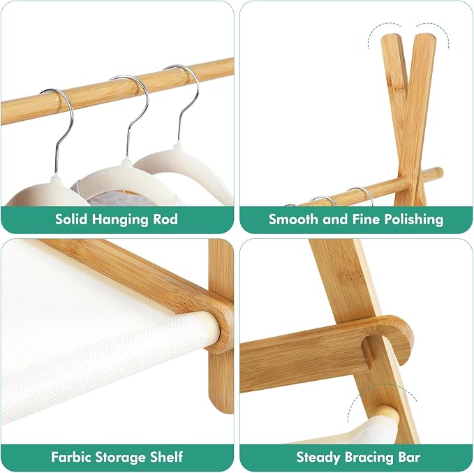 Jotsport Bamboo Kids Dress Up Rack Foldable Design with Fabric Storage | Small Kids Clothing Rack Toddler Wardrobe Closet for Play Room, Nursery, Baby Shower