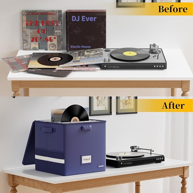 DocSafe Vinyl Record Storage Box with Lock,Fireproof Record Organizer Storage for 100+ Single Records(12-inch), Collapsible Storage Crate with Lid & Handles for Valuable Album Collection,Blue,2 Pack