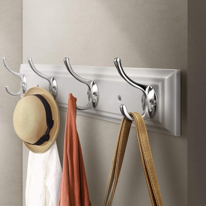 Coat Rack Wall Mounted White, 17" Wooden Modern Wall Coat Hanger with 4 Hooks, Heavy Duty Zinc Alloy Wall Hook Rack for Hanging Coats, Keys, Bags, Great Touch for Bedroom Bathroom Kitchen | 17"