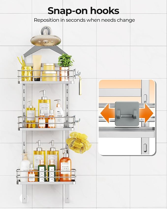 ODesign 3 Tier Adjustable Shower Organizer Hanging Over Head Silver | Shower organizer hanging,no drilling required,comes with removable hook and storage box, suitable for indoor showers