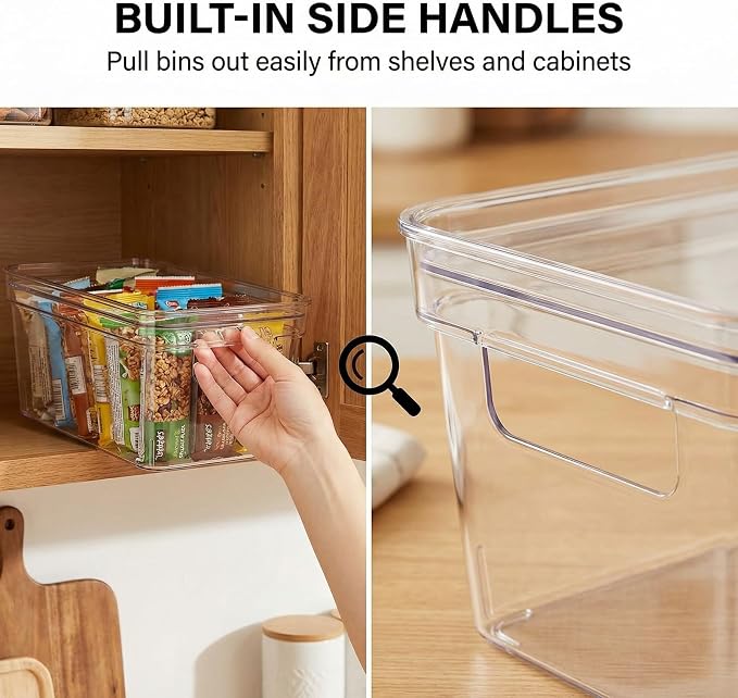 MOONEDGE 6-Pack 10x6x5 Stackable Small Clear Storage Bins with Lids | Plastic small item organizer containers with handles for vanity, craft, office, fridge, kitchen, pantry, bathroom and closet