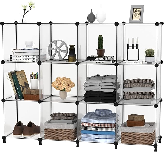 AWTATOS Closet Organizer, 12 Cube Storage Organizer, Translucent | Portable Closet Organizers, DIY Stackable Storage Cubes Shelves Bookshelf, Plastic Clothes Shelving for Home, Bedroom