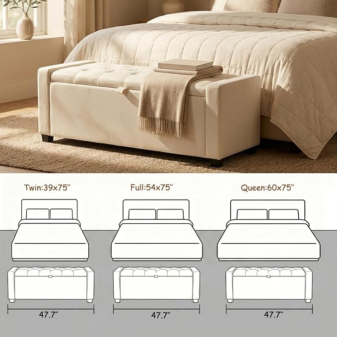 47" Beige Storage Ottoman, Entryway Bench Seat for Livingroom | Versatile design works as a coffee table or footstool; easy assembly, sturdy structure, and comfortable padded cushion.
