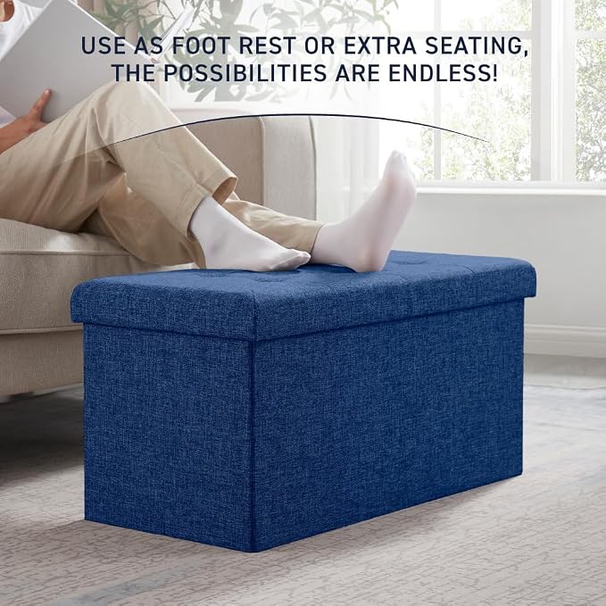 Ornavo Home 30 Inch Folding Storage Ottoman Bench, Tufted Linen, Navy Blue | Upholstered Large Ottoman with Lid; Foot Rest Stool; Ideal for Bedroom, Living Room or Entryway
