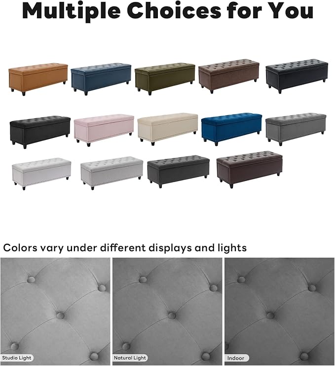 Tbfit 50.8" Large Storage Ottoman Bench with Button-Tufted Top, Blue PU Faux Leather End of Bed Chest with Safety Hinge and Rivets for Bedroom, Living Room (Gray-Velvet)