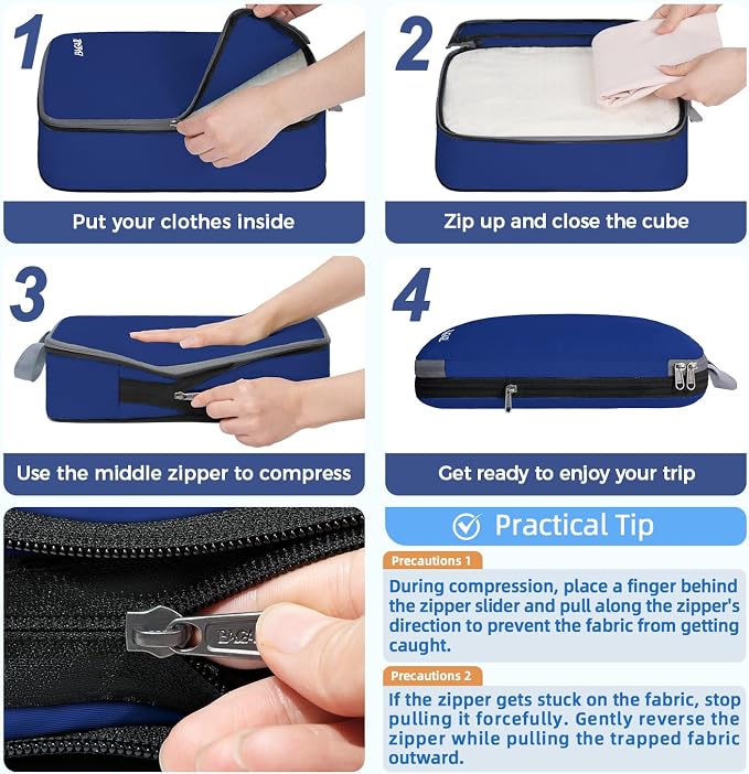 BAGAIL 4 Set/6 Set/8 Set Compression Packing Cubes Travel Accessories Expandable Packing Organizers (Cloth Pattern, 4-Navy)