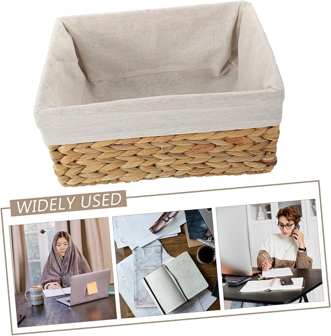 Woven Storage Basket Straw and Fabric Shelf Basket for Books | Desk Top Use, Magazine Holder, Strong Build, Simple Elegant Rustic Look, Home Organizing Accent Piece