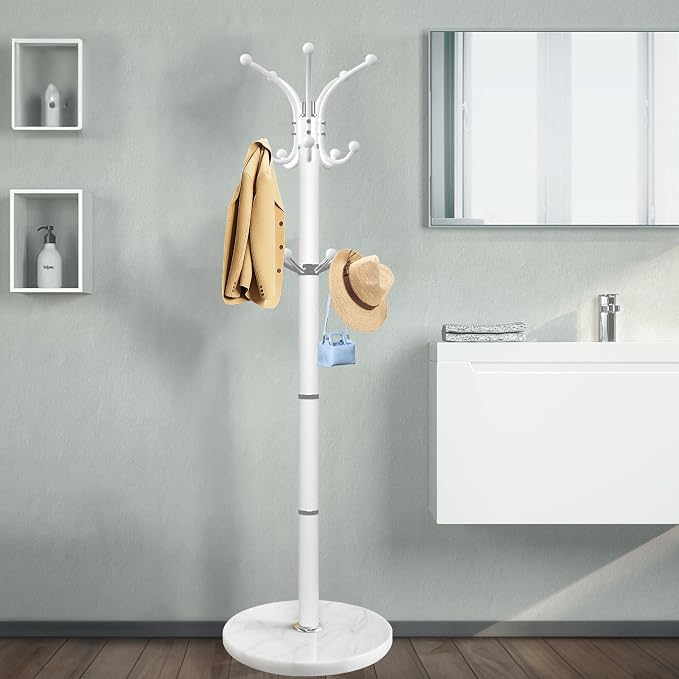 OIRUMIE Coat Rack,360°Rotary Coat Rack Stand,Coat Tree Stand for Entryway | Metal Coat Rack Freestanding with Natural Marble Base & 14 Hooks,White Modern Coat Stand, Clothes Hall Tree Stand for Hallway