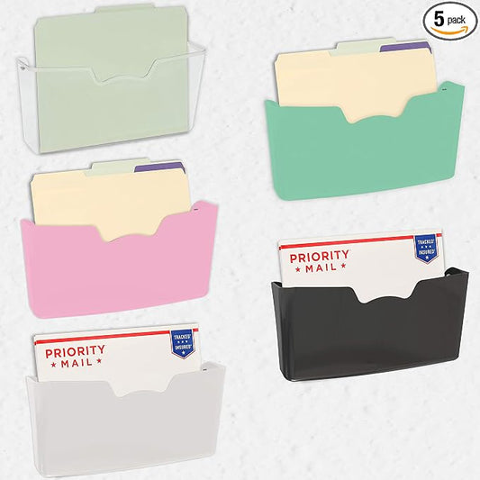 Simple Houseware Wall Mount Single Pocket Hanging File Holder, 5-Pack | Assorted Colors, Wall File Holder Organizer for Paper and Documents