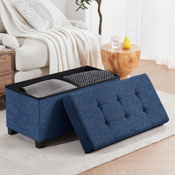 Ornavo Home 30" Large Storage Ottoman Bench with Legs, Navy Blue | Foot Rest Stool; Ottoman with Hidden Storage; Ideal for Bedroom, Living Room, Entryway or Home Office