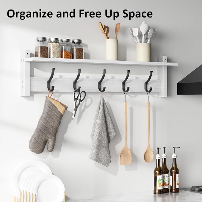 Optish Coat Rack Wall Mount with Shelf, 29 Inch Coat Hanger Walls Mounted, Hat Rack for Walls, Shelf with 5 Coat Hooks, Wall Hanger for Entryway (White)