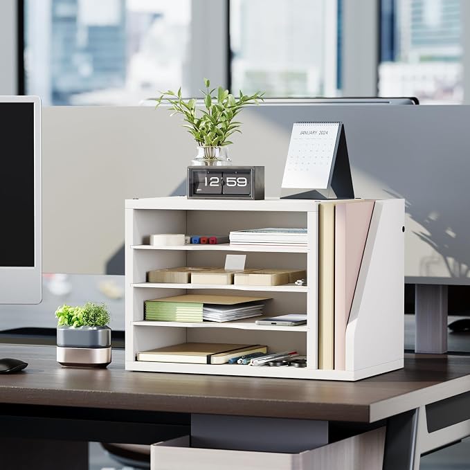 Creso hom Mail Sorter, File Organizer Desktop, Wood Desk Organizer with 3 Adjustable Shelves, Mail Holder for Office, Home, Letter Sorter File Holders for Envelopes, Mail Supplies Magazines, White | Mail Sorter, File Organizer Desktop, Mail Holder for ...