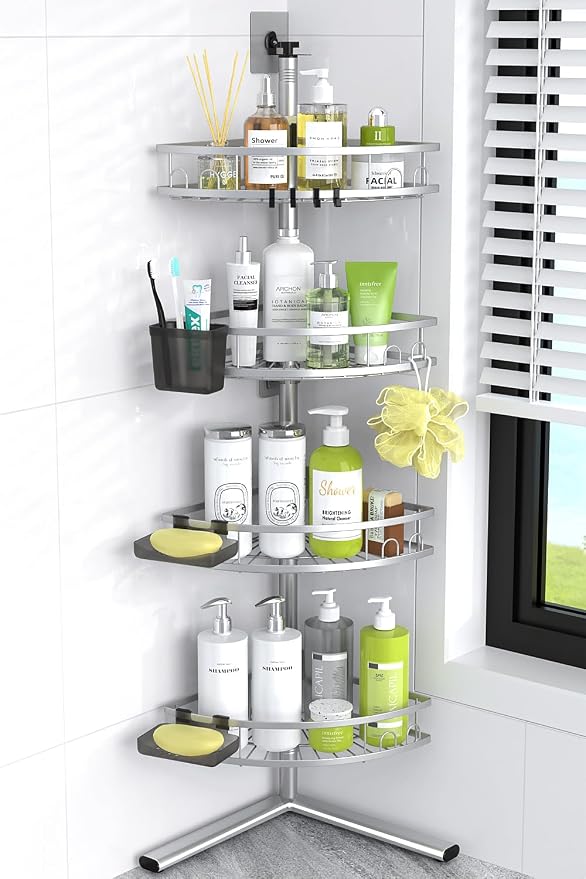 Aitatty Standing Shower Caddy Corner: 4-tier Rustproof Shower Organizer Shelf - Floor Shower Corner Shelf Rack Stand for Bathroom Chrome