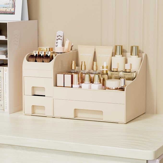 Makeup Organizer with Drawers,Large Cosmetic Storage Box,Countertop Skincare Organizer,ABS Makeup Brush Holder for Bathroom,Desk,Dresser,Multifunctional Beauty Display Case,Cream