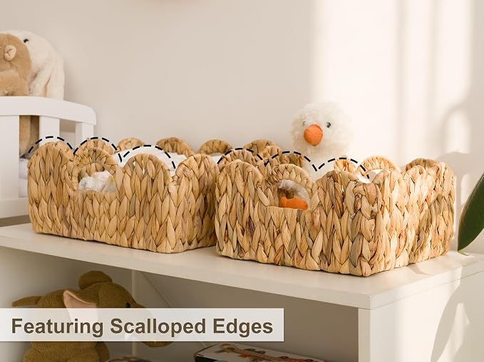 StorageWorks Scalloped Wicker Basket, Woven Baskets for Storage, Rattan Baskets with Handles, Water Hyacinth Basket for Organizing and Decor, 2 Pack