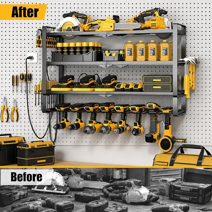 MOOMSINE Large Power Tool Organizer Wall Mount with Charging Station for Garage, 400lbs Metal Storage Rack with 8 Cordless Drill Holder, 4 Tier Heavy Duty Battery Tool Shelf with 5 Outlet Power Strip