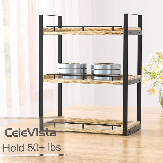 Bathroom Counter Organizer, 3 Tier Wood Countertop Shelf | for Vanity, Skincare, Makeup, Coffee Storage, Wood Shelves, Durable Metal Bracket, for Bathroom Sink, Kitchen (Rustic Brown)