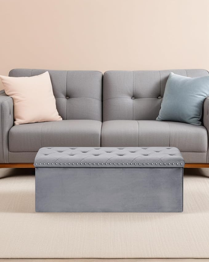 Velvet Storage Ottoman Bench, 43.3" Upholstered Tufted Ottoman with Storage, Folding Footrest Bench for Bedroom, Living Room, or Entryway, Grey
