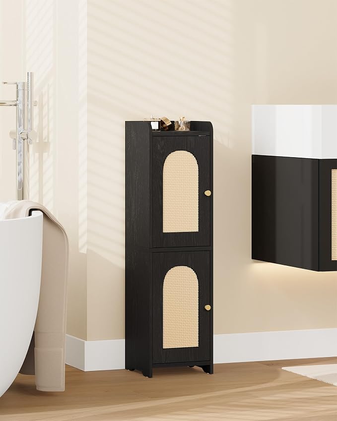 Hzuaneri Bathroom Storage Cabinet, Small Corner Floor Cabinet with 2 Doors | Narrow Toilet Paper Cabinets with Adjustable Shelf, Bathroom Organizer for Small Spaces, 7.9"D x 7.9"W x 29.5"H Rattan Black