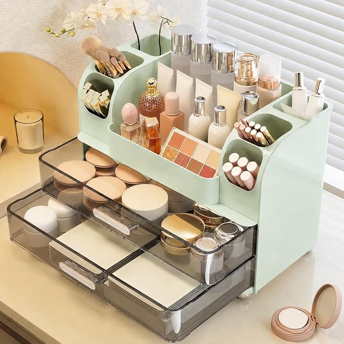 Large Makeup Organizer for Vanity - Perfume Cosmetic Display Cases | Skincare Organizers with 2 Drawers for Bathroom Dresser Desk, Easy to Store Brush Eyeshadow Lipstick Beauty Supplies, Green