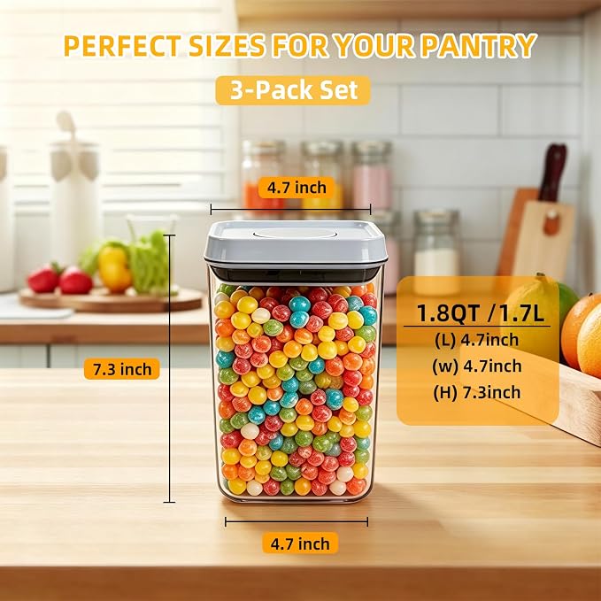 Pop Push Button Airtight Food Storage Containers 3 Pack (1.8Qt) | BPA-Free Stackable Rectangular Canisters for Coffee Beans, Snacks, Cereal, Grains, Dry Food