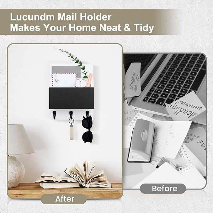 Key and Mail Holder for Wall Mount, Entryway Mail Holder with 2 Slot, Key Holder with 3 Sturdy Hooks for Coat, Dog Leash, Decorative Key Rack (8.86”W x 11.42”H x 3”D) (White)