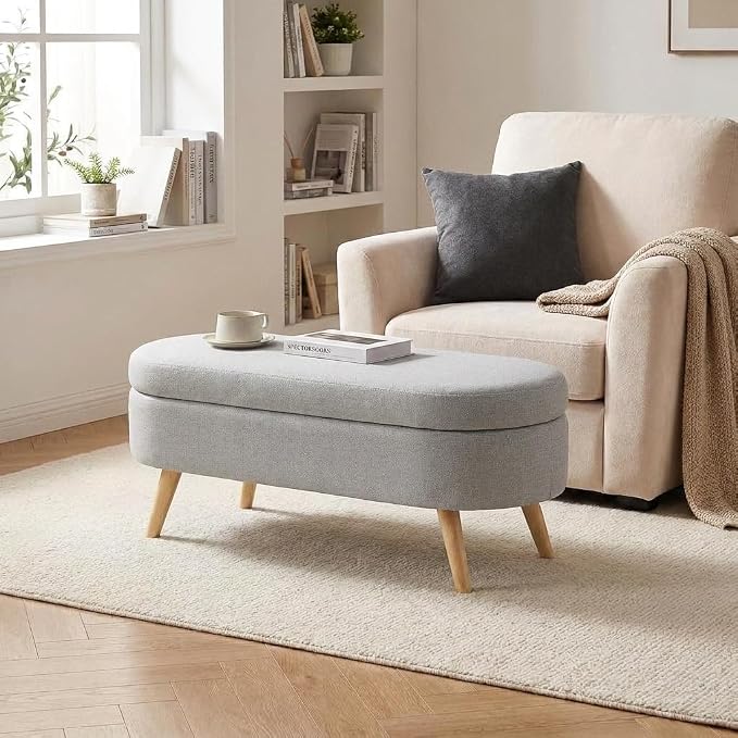 43.5” Storage Ottoman Bench，Upholstered Oval End of Bed Bench for Bedroom | Modern Linen Ottoman with Storage, Entryway Foot Rest with Wooden Legs, Lift-Top Lid with Safety Hinge, Living Room, Grey