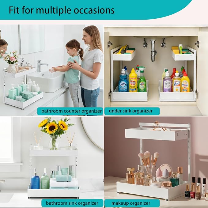 Under Sink Organizer, Bathroom Counter Organizer, 2 Packs 2-Tier Metal, Under Cabinet Storage, Makeup Storage, Adjustable Height & Slide-Out Drawer for Kitchen Bathroom, White