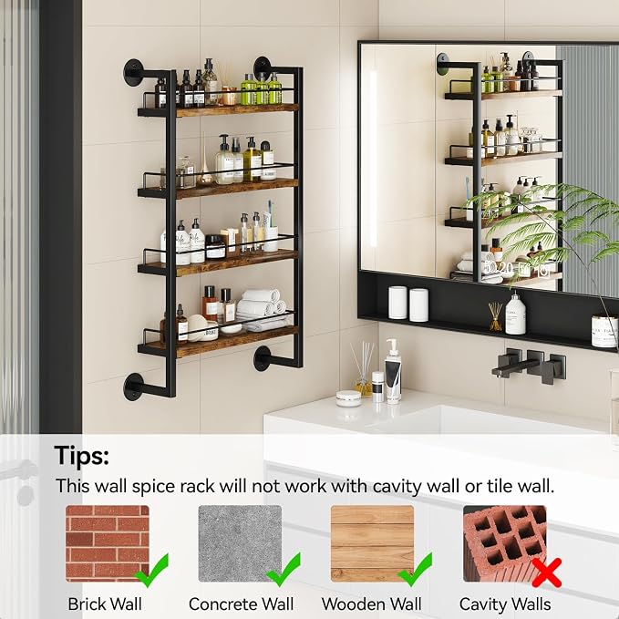 IBUYKE 4 Tier Spice Rack Wall Mount for Kitchen,Brown TLJ016H | Hanging Seasoning Organizer Large Spice Rack for Wall Spice Organization for Kitchen Cabinet Bathroom Pantry Living Room