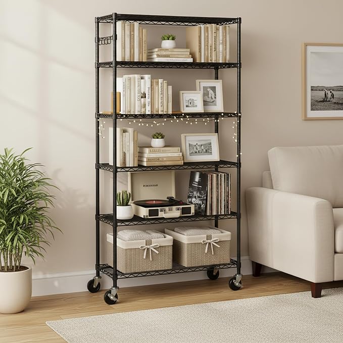 Folews 6-Tier Metal Storage Shelf with Wheels NSF Wire Shelving Unit, Black | Adjustable Storage Rack for Kitchen Garage Pantry Laundry Room, 36" W x 14" D x 75" H Rolling Shelf Organizer, Easy Assembly