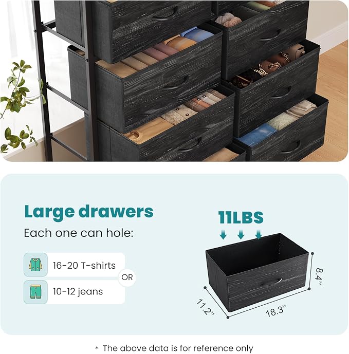 OLIXIS 8 Drawer Storage Dresser for Bedroom, Closet Organizers Units | Fabric Dresser with Wooden Top, Chest of Drawers Clothes Storage, Tower Cabinet, TV Stand Furniture, Black Wood Grain