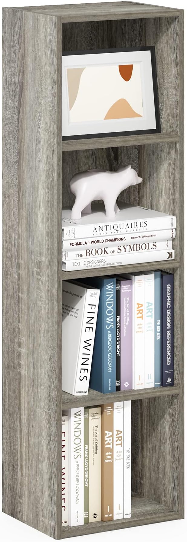Furinno PASIR Book Shelf, 4-Tier Modern Bookshelf, Open Shelves Bookcase 9 x 12 x 42, Easy Assembly, for Living Room, Bedroom, Home Office, French Oak